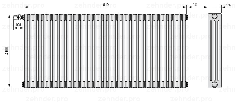 Схема (чертеж) Радиатор Zehnder Charleston 4280/35 №V012 Белый глянцевый RAL 9016